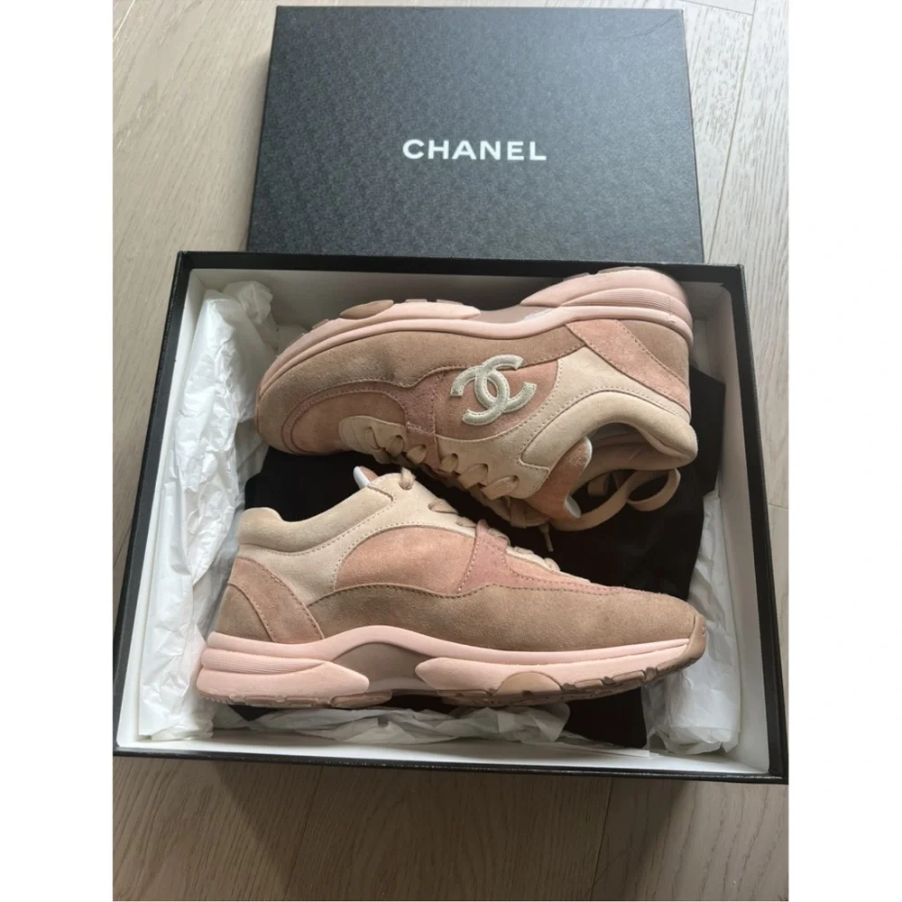 CHANEL Pink & Beige Suede Sneakers